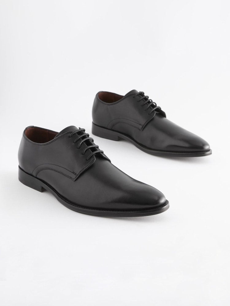 Black Regular Fit Signature Leather Plain Derby Shoes - Image 1 of 1