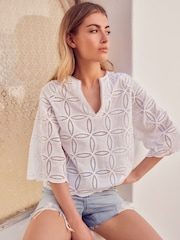 White 3/4 Sleeve Floral Broderie Notch Neck Top - Image 1 of 6