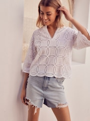 White 3/4 Sleeve Floral Broderie Notch Neck Top - Image 2 of 6