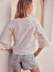 White 3/4 Sleeve Floral Broderie Notch Neck Top - Image 3 of 6