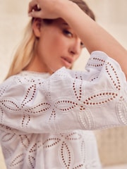 White 3/4 Sleeve Floral Broderie Notch Neck Top - Image 4 of 6