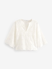 White 3/4 Sleeve Floral Broderie Notch Neck Top - Image 5 of 6