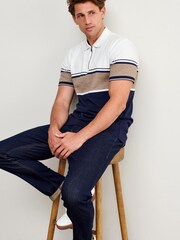 Navy Textured Zip Neck Blocked Polo Shirt - Image 2 of 5