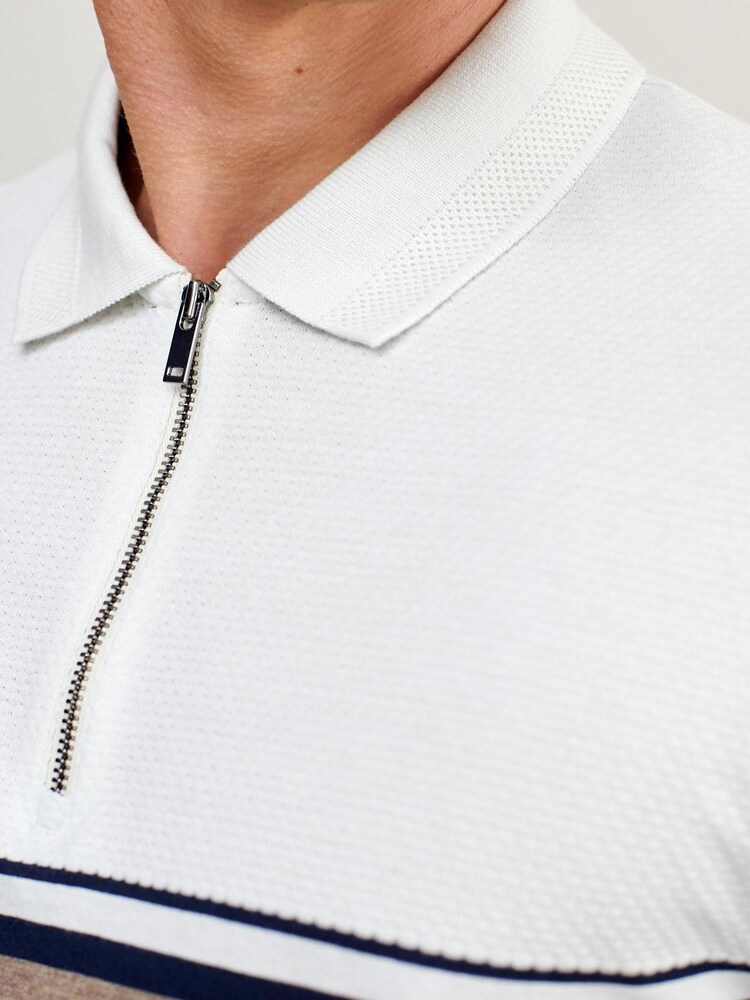 Navy Textured Zip Neck Blocked Polo Shirt - Image 4 of 5
