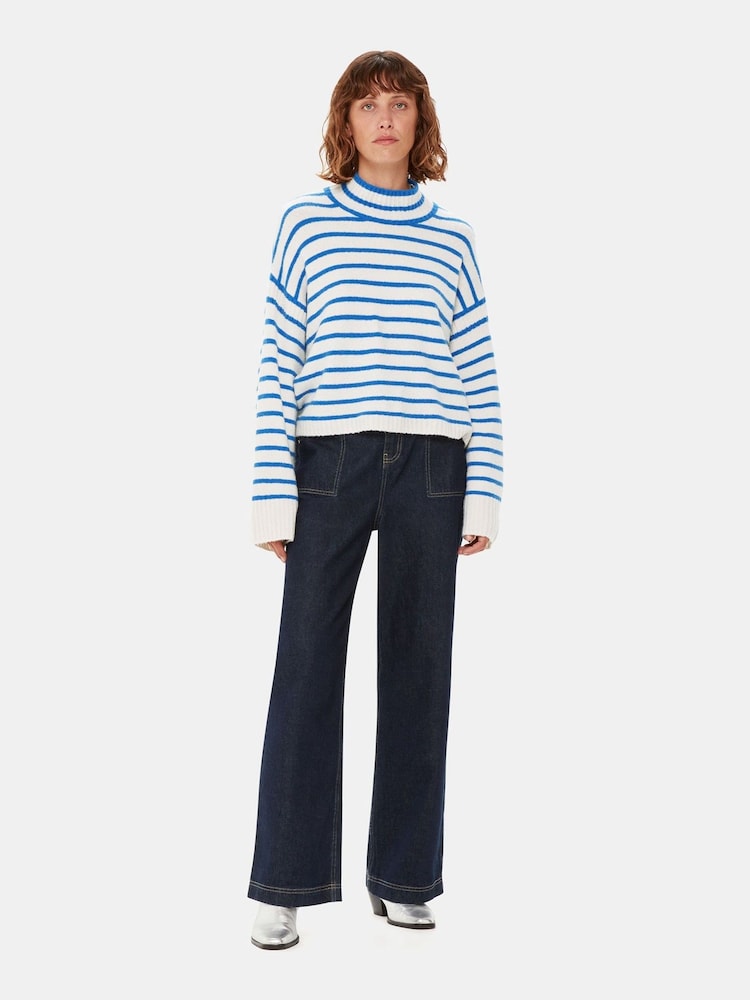 Whistles Blue Stripe Rib Detail Funnel Knit Jumper - Image 1 of 5 Whistles Blue Stripe Rib Detail Funnel Knit Jumper - Image 1 of 5