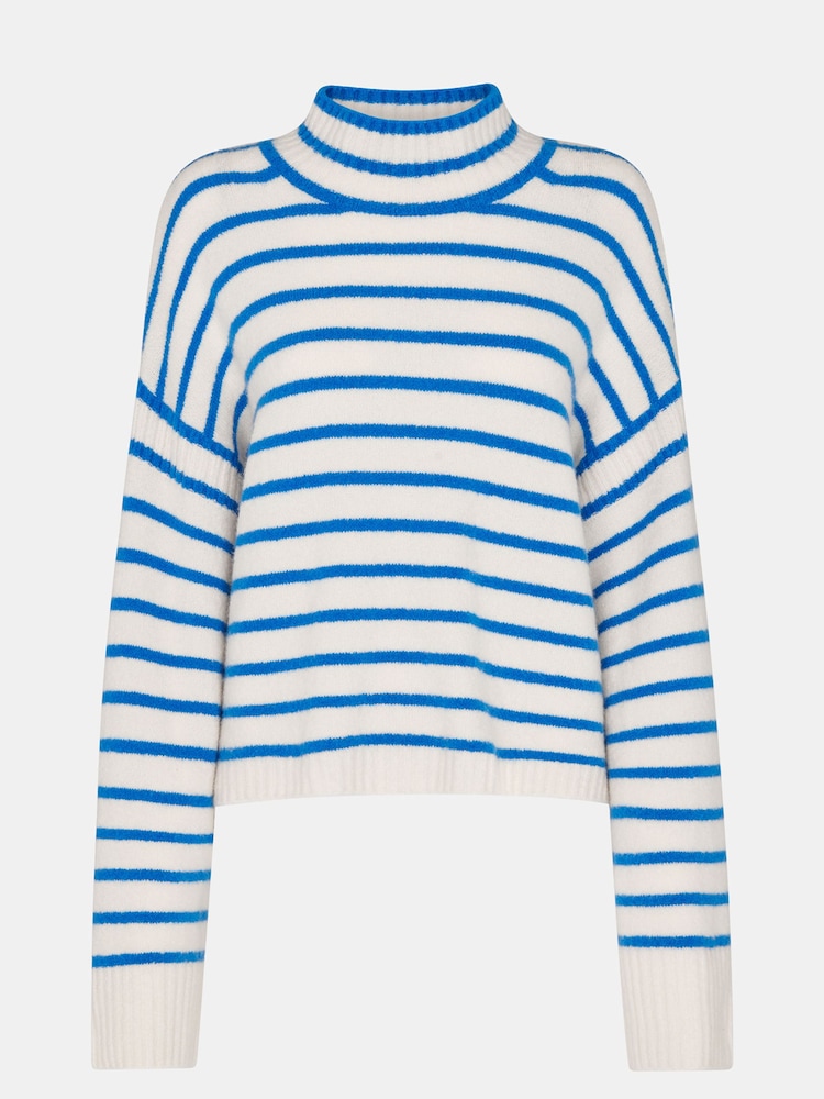 Whistles Blue Stripe Rib Detail Funnel Knit Jumper - Image 5 of 5