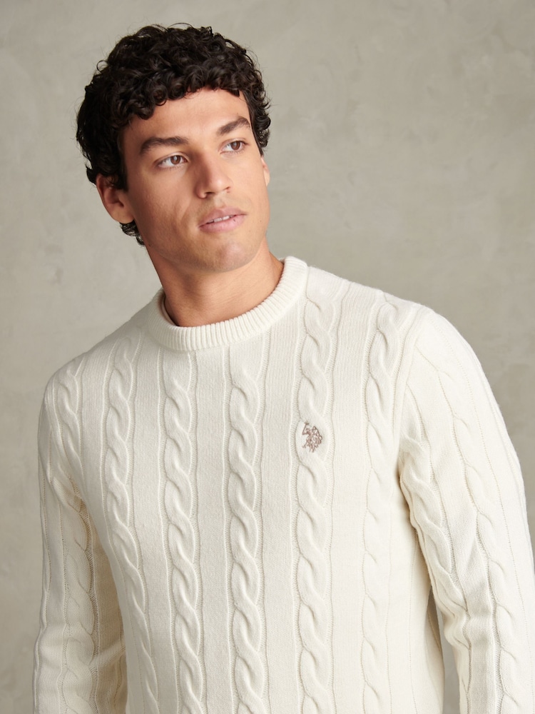 U.S. Polo Assn. Cream Cable Knit Crew Neck Jumper - Image 2 of 6 U.S. Polo Assn. Cream Cable Knit Crew Neck Jumper - Image 2 of 6
