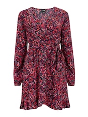 Pour Moi Red Kelly Woven Viscose Balloon Sleeve Frill Wrap Dress - Image 4 of 5