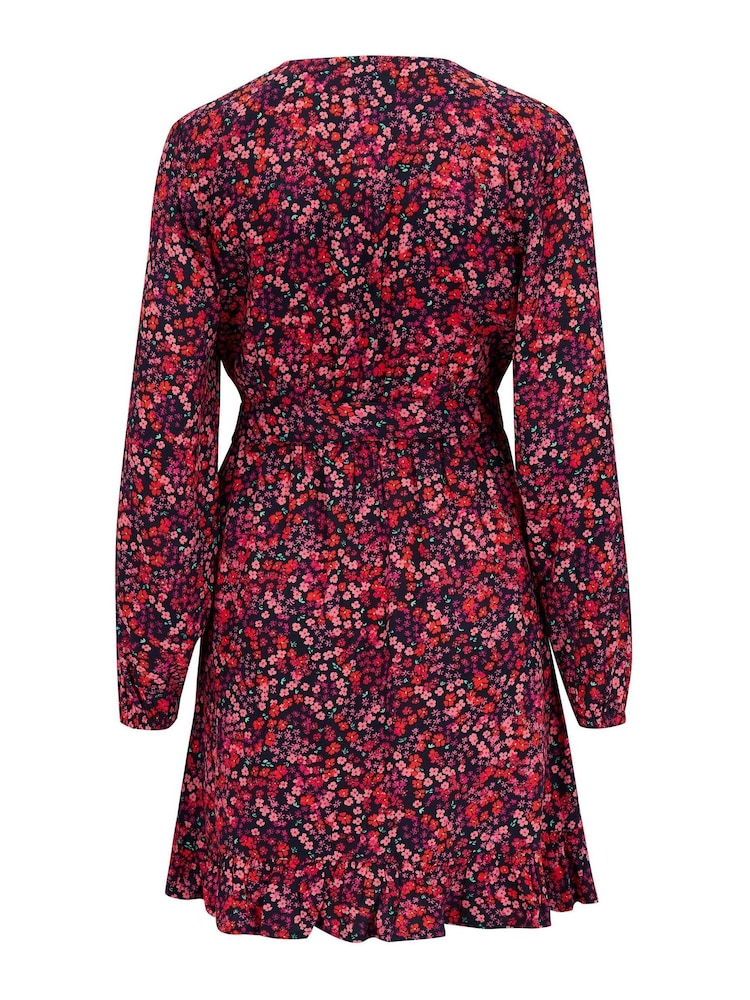 Pour Moi Red Kelly Woven Viscose Balloon Sleeve Frill Wrap Dress - Image 5 of 5
