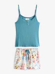 Laura Ashley Blue/White Floral Print 100% Cotton Pointelle Cami And Jersey Short Pyjamas - Image 6 of 8
