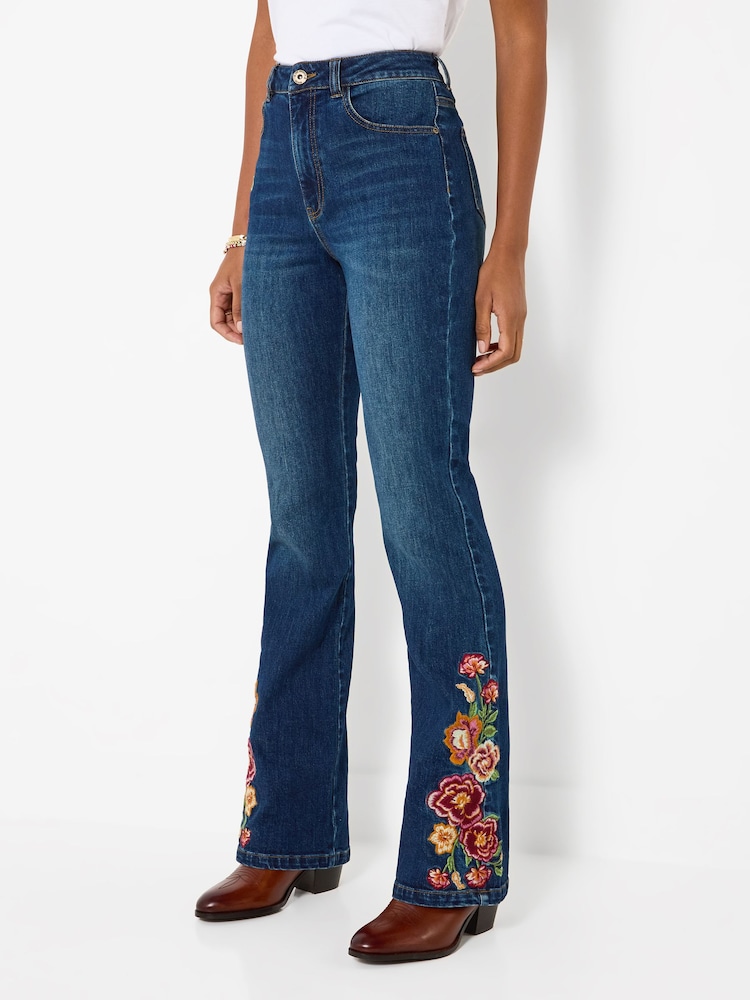 Joe Browns Blue High Waisted Flared Jeans With Floral Embroidery - Image 1 of 7 Joe Browns Blue High Waisted Flared Jeans With Floral Embroidery - Image 1 of 7