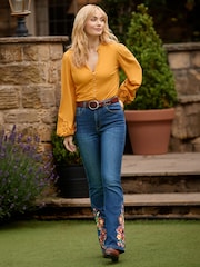 Joe Browns Blue High Waisted Flared Jeans With Floral Embroidery - Image 6 of 7
