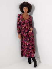 Joe Browns Pink Lovely Lily Print Long Sleeve Jersey Midi Dress - Image 1 of 5