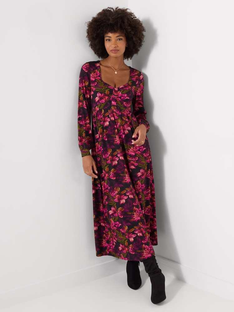 Joe Browns Pink Lovely Lily Print Long Sleeve Jersey Midi Dress - Image 1 of 5