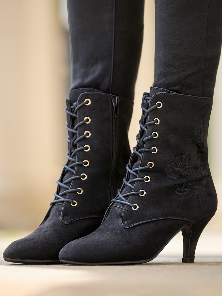 Joe Browns Black Grace Embroidered Lace Up Ankle Boots - Image 1 of 8 Joe Browns Black Grace Embroidered Lace Up Ankle Boots - Image 1 of 8