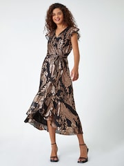 Roman Black Metallic Foil Paisley Print Wrap Dress - Image 1 of 5