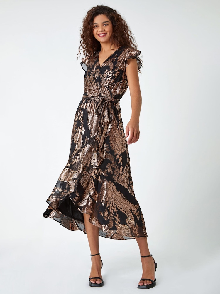 Roman Black Metallic Foil Paisley Print Wrap Dress - Image 1 of 5