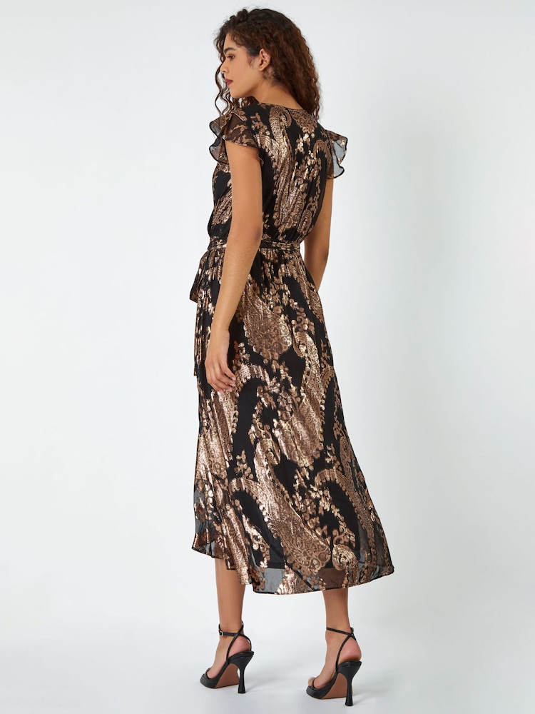 Roman Black Metallic Foil Paisley Print Wrap Dress - Image 2 of 5