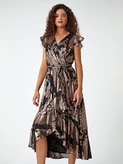 Roman Black Metallic Foil Paisley Print Wrap Dress - Image 3 of 5