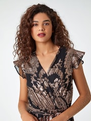 Roman Black Metallic Foil Paisley Print Wrap Dress - Image 4 of 5