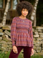 Joe Browns Red Matilda Checked Blouse With Sheered Body And Balloon Sleeve - Image 1 of 7