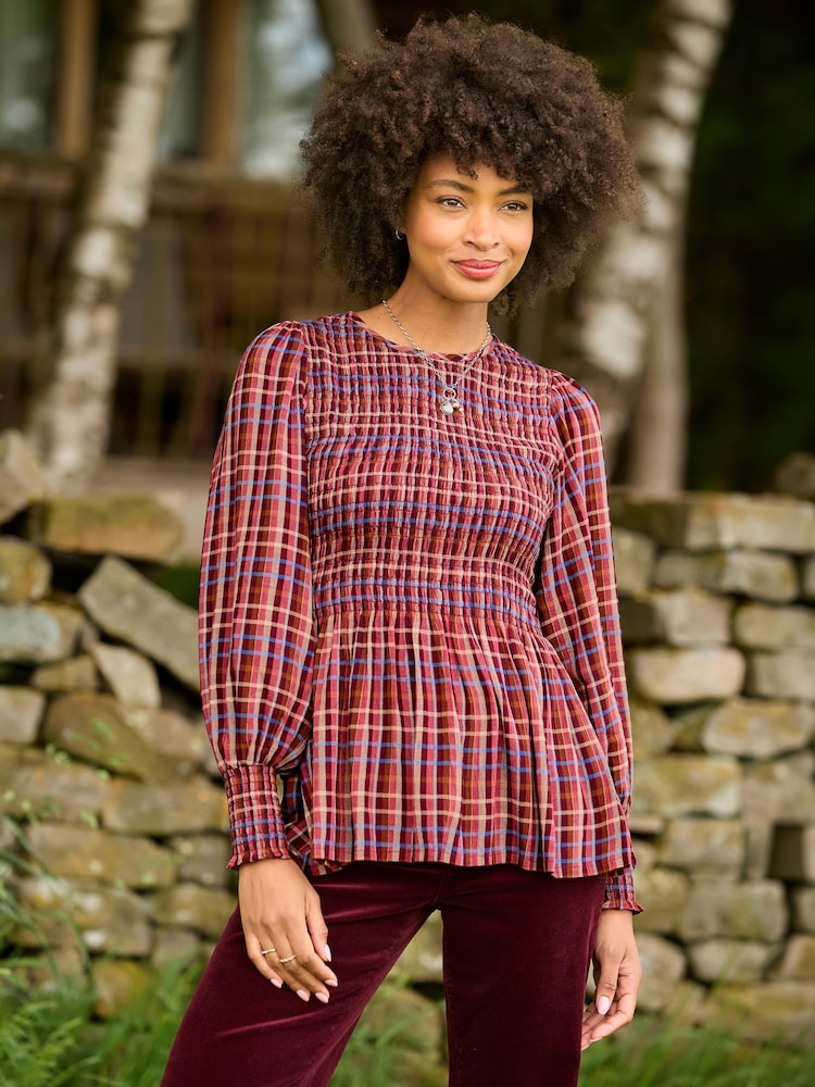 Joe Browns Red Matilda Checked Blouse With Sheered Body And Balloon Sleeve - Image 1 of 7