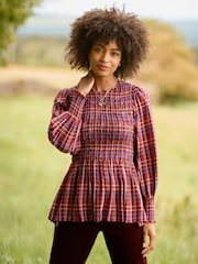 Joe Browns Red Matilda Checked Blouse With Sheered Body And Balloon Sleeve - Image 2 of 7