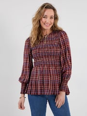 Joe Browns Red Matilda Checked Blouse With Sheered Body And Balloon Sleeve - Image 3 of 7