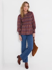 Joe Browns Red Matilda Checked Blouse With Sheered Body And Balloon Sleeve - Image 5 of 7