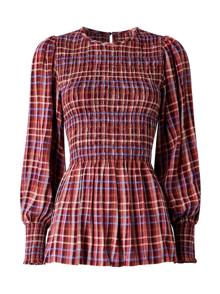 Joe Browns Red Matilda Checked Blouse With Sheered Body And Balloon Sleeve - Image 7 of 7