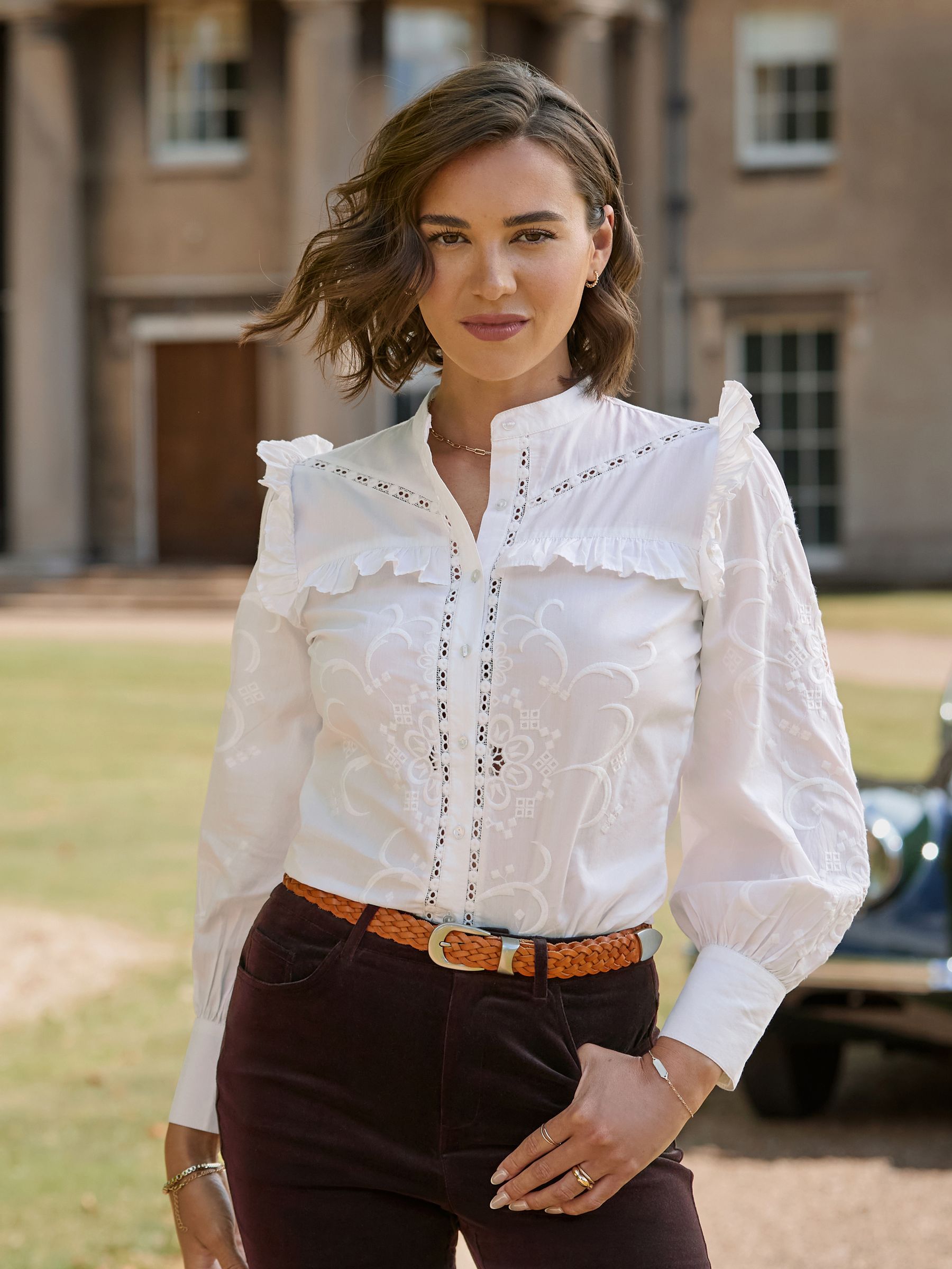 Joe Browns Women's White Beautiful Embroidered Button Through Blouse With Frill Detail In Size 8 - Image 2