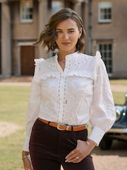Joe Browns White Beautiful Embroidered Button Through Blouse With Frill Detail - Image 1 of 7