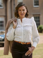 Joe Browns White Beautiful Embroidered Button Through Blouse With Frill Detail - Image 2 of 7