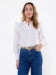 Joe Browns White Beautiful Embroidered Button Through Blouse With Frill Detail - Image 3 of 7