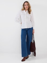 Joe Browns White Beautiful Embroidered Button Through Blouse With Frill Detail - Image 5 of 7