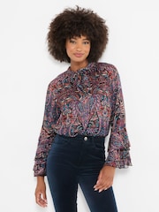 Joe Browns Purple Boho Print Tie Neck Blouse With Ruffle Sleeve Detail - Image 1 of 7