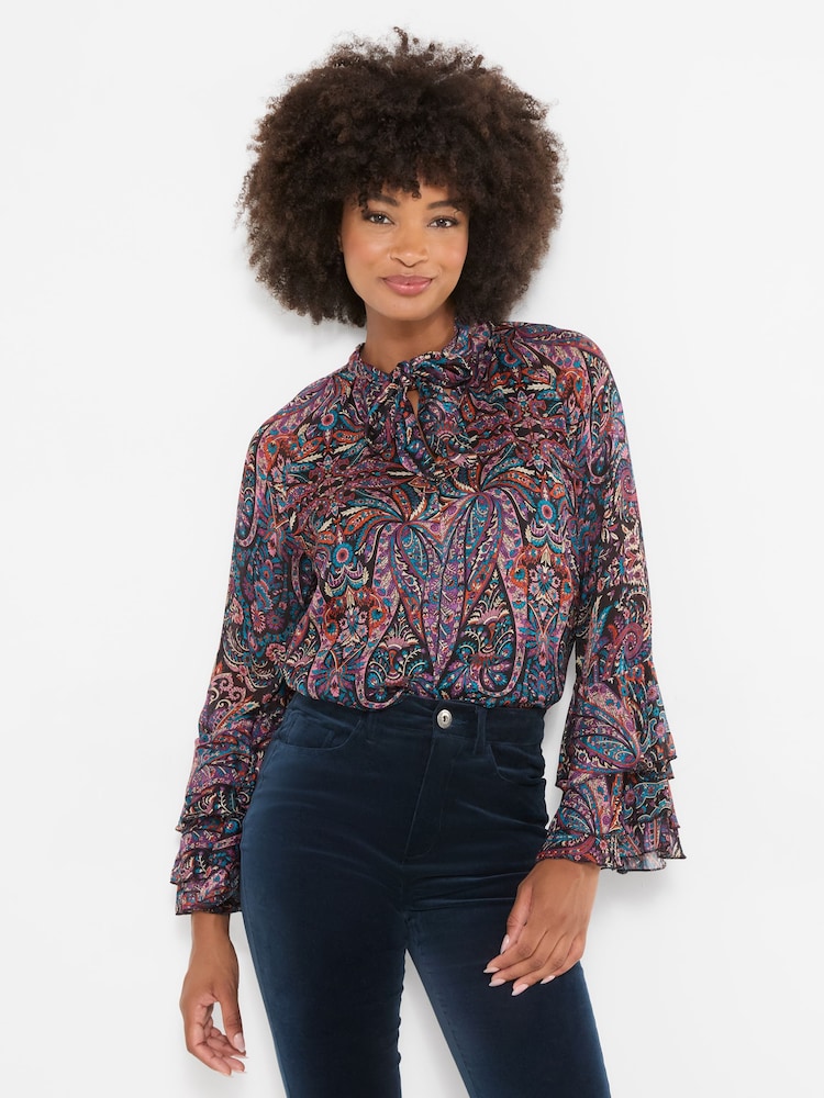 Joe Browns Purple Boho Print Tie Neck Blouse With Ruffle Sleeve Detail - Image 1 of 7 Joe Browns Purple Boho Print Tie Neck Blouse With Ruffle Sleeve Detail - Image 1 of 7