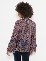 Joe Browns Purple Boho Print Tie Neck Blouse With Ruffle Sleeve Detail - Image 2 of 7