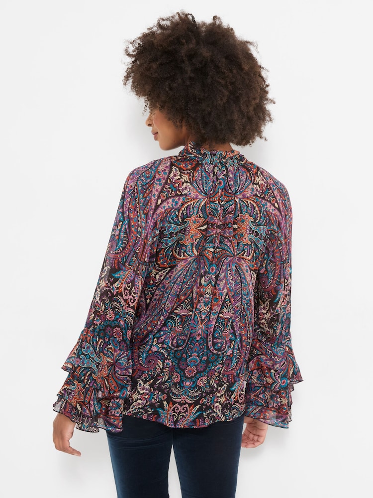 Joe Browns Purple Boho Print Tie Neck Blouse With Ruffle Sleeve Detail - Image 2 of 7 Joe Browns Purple Boho Print Tie Neck Blouse With Ruffle Sleeve Detail - Image 2 of 7