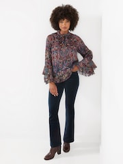 Joe Browns Purple Boho Print Tie Neck Blouse With Ruffle Sleeve Detail - Image 3 of 7