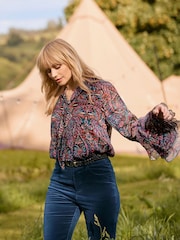 Joe Browns Purple Boho Print Tie Neck Blouse With Ruffle Sleeve Detail - Image 5 of 7