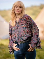 Joe Browns Purple Boho Print Tie Neck Blouse With Ruffle Sleeve Detail - Image 6 of 7