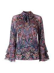 Joe Browns Purple Boho Print Tie Neck Blouse With Ruffle Sleeve Detail - Image 7 of 7