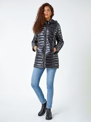 Roman Black Longline Padded Coat with Hood - Image 1 of 5