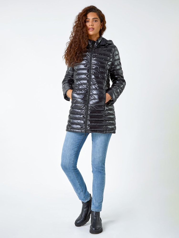 Roman Black Longline Padded Coat with Hood - Image 1 of 5