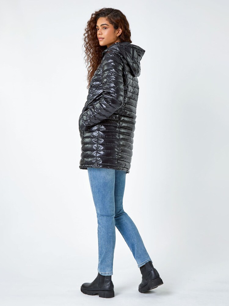 Roman Black Longline Padded Coat with Hood - Image 2 of 5