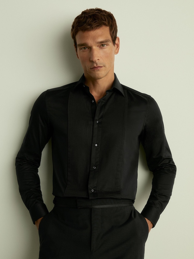 Reiss Black Marcel Slim Fit Slim Fit Cotton Marcella Tuxedo Shirt - Image 1 of 7