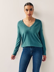 Teal Blue Cosy Lightweight Soft Touch Longline V-Neck Jumper Top - Image 1 of 5