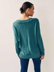 Teal Blue Cosy Lightweight Soft Touch Longline V-Neck Jumper Top - Image 2 of 5