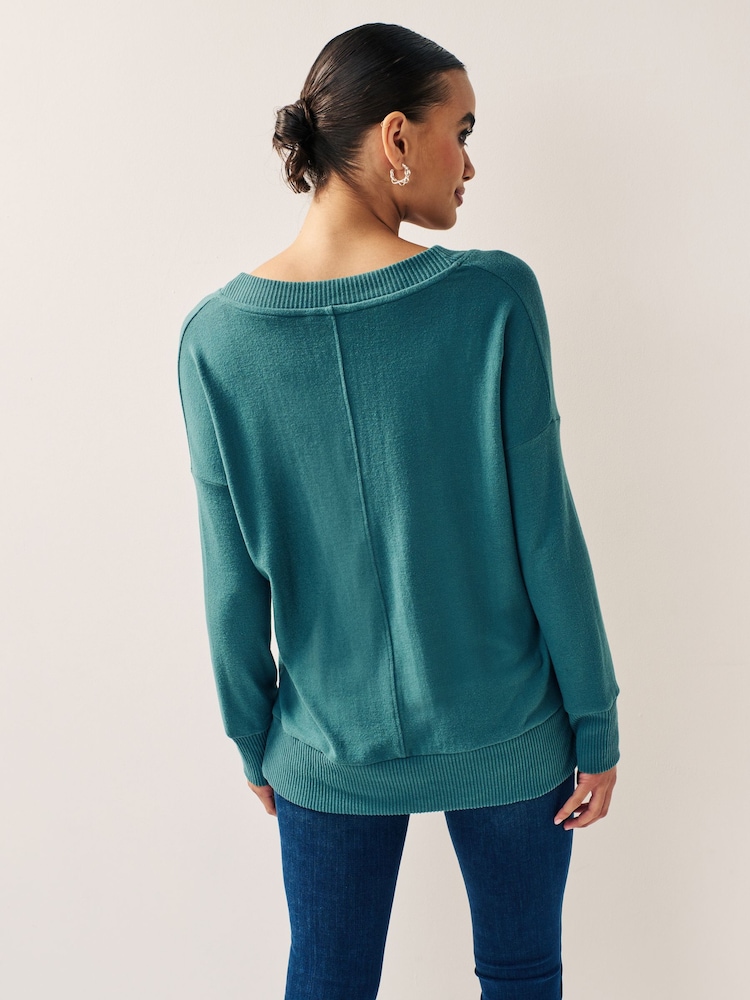 Teal Blue Cosy Lightweight Soft Touch Longline V-Neck Jumper Top - Image 2 of 5
